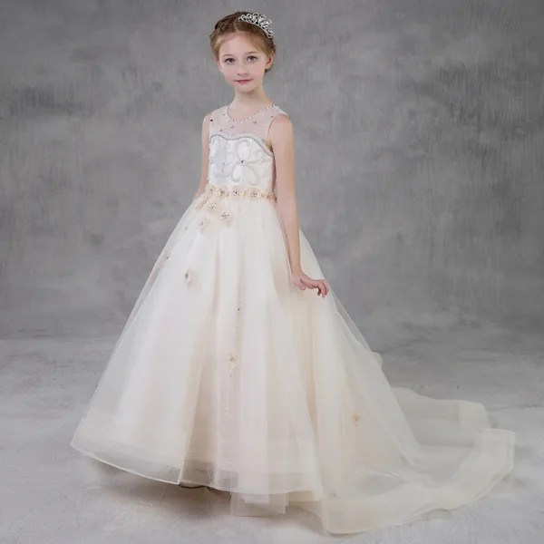 Elegant Champagne Birthday Flower Girl Dresses 2020 Ball Gown See-through Scoop Neck Sleeveless Backless Appliques Flower Rhinestone Beading Pearl Sweep Train Ruffle