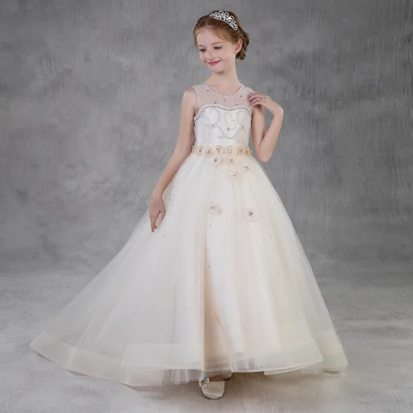 Elegant Champagne Birthday Flower Girl Dresses 2020 Ball Gown See-through Scoop Neck Sleeveless Backless Appliques Flower Rhinestone Beading Pearl Sweep Train Ruffle