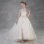 Elegant Champagne Birthday Flower Girl Dresses 2020 Ball Gown See-through Scoop Neck Sleeveless Backless Appliques Flower Rhinestone Beading Pearl Sweep Train Ruffle