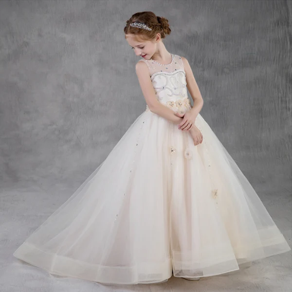 Elegant Champagne Birthday Flower Girl Dresses 2020 Ball Gown See-through Scoop Neck Sleeveless Backless Appliques Flower Rhinestone Beading Pearl Sweep Train Ruffle