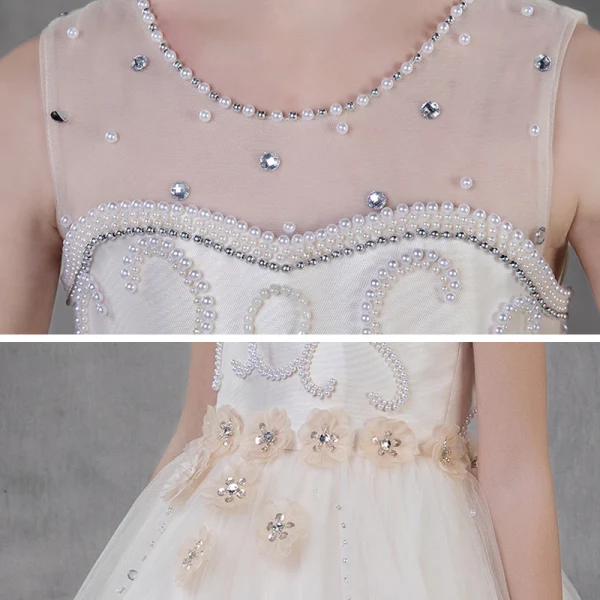Elegant Champagne Birthday Flower Girl Dresses 2020 Ball Gown See-through Scoop Neck Sleeveless Backless Appliques Flower Rhinestone Beading Pearl Sweep Train Ruffle