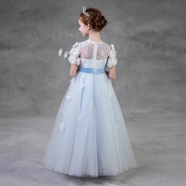 Flower Fairy Sky Blue Birthday Flower Girl Dresses 2020 A-Line / Princess See-through Scoop Neck Short Sleeve Sash Appliques Flower Rhinestone Floor-Length / Long Ruffle