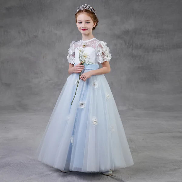 Flower Fairy Sky Blue Birthday Flower Girl Dresses 2020 A-Line / Princess See-through Scoop Neck Short Sleeve Sash Appliques Flower Rhinestone Floor-Length / Long Ruffle