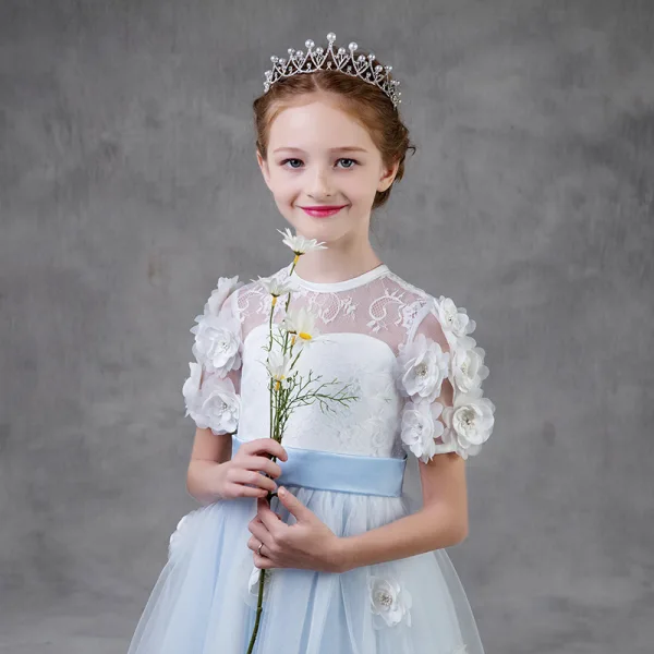 Flower Fairy Sky Blue Birthday Flower Girl Dresses 2020 A-Line / Princess See-through Scoop Neck Short Sleeve Sash Appliques Flower Rhinestone Floor-Length / Long Ruffle