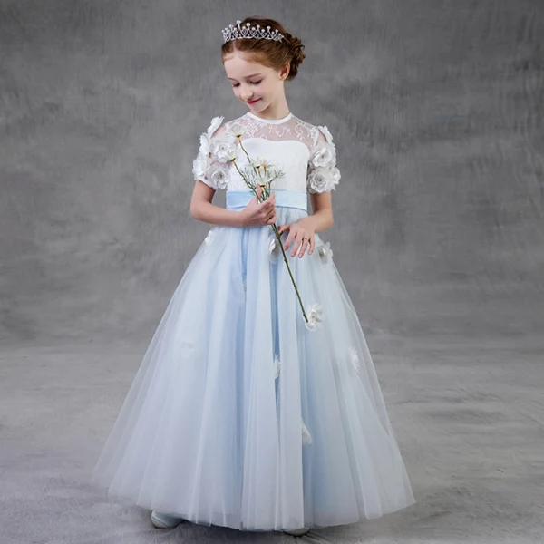 Flower Fairy Sky Blue Birthday Flower Girl Dresses 2020 A-Line / Princess See-through Scoop Neck Short Sleeve Sash Appliques Flower Rhinestone Floor-Length / Long Ruffle