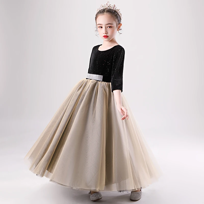 Two Tone Black Brown Birthday Flower Girl Dresses 2020 Ball Gown Scoop Neck  1/2 Sleeves Glitter Polyester Rhinestone Sash Floor-Length / Long