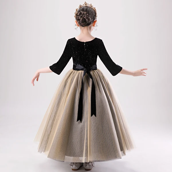Two Tone Black Brown Birthday Flower Girl Dresses 2020 Ball Gown Scoop Neck 1/2 Sleeves Glitter Polyester Rhinestone Sash Floor-Length / Long
