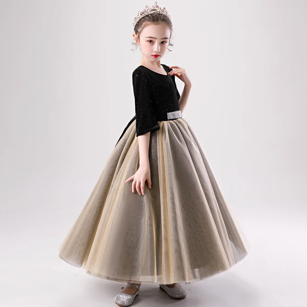 Two Tone Black Brown Birthday Flower Girl Dresses 2020 Ball Gown Scoop Neck 1/2 Sleeves Glitter Polyester Rhinestone Sash Floor-Length / Long