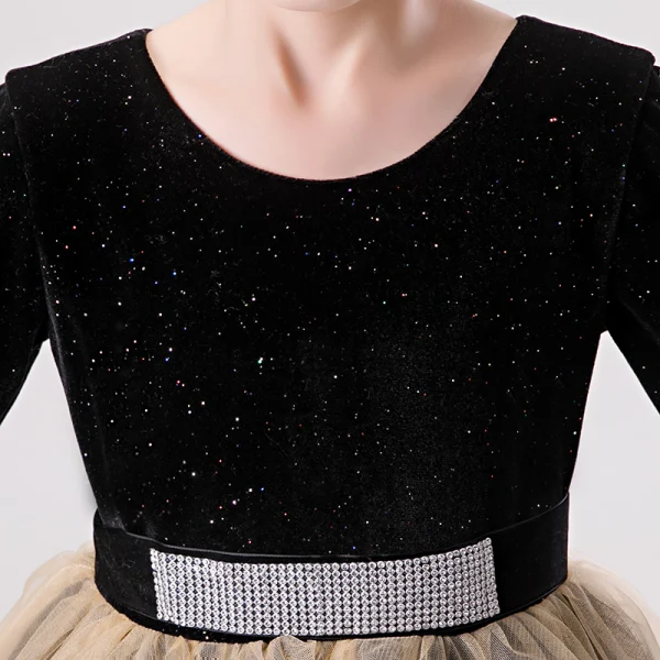 Two Tone Black Brown Birthday Flower Girl Dresses 2020 Ball Gown Scoop Neck 1/2 Sleeves Glitter Polyester Rhinestone Sash Floor-Length / Long