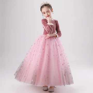 Charming Candy Pink Suede Winter Flower Girl Dresses 2020 Ball Gown Scoop Neck Long Sleeve Glitter Star Floor Length Long Ruffle