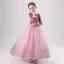 Charmant Rose Bonbon Daim Hiver Robe Ceremonie Fille 2020 Robe Boule Encolure Dégagée Manches Longues Glitter Étoile Longue Volants