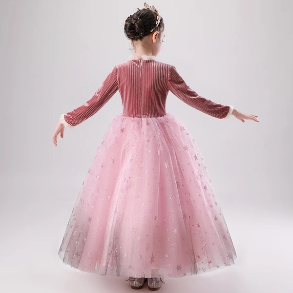 Charmant Rose Bonbon Daim Hiver Robe Ceremonie Fille 2020 Robe Boule Encolure Dégagée Manches Longues Glitter Étoile Longue Volants