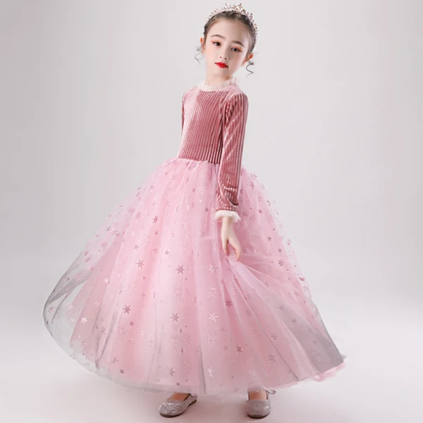Charmant Rose Bonbon Daim Hiver Robe Ceremonie Fille 2020 Robe Boule Encolure Dégagée Manches Longues Glitter Étoile Longue Volants