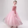 Charming Candy Pink Suede Winter Flower Girl Dresses 2020 Ball Gown Scoop Neck Long Sleeve Glitter Star Floor-Length / Long Ruffle