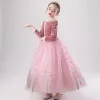 Charming Candy Pink Suede Winter Flower Girl Dresses 2020 Ball Gown Scoop Neck Long Sleeve Glitter Star Floor-Length / Long Ruffle