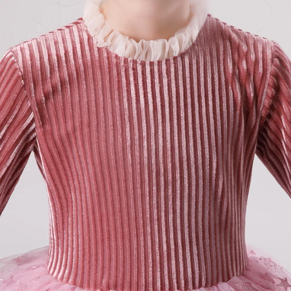 Charmant Rose Bonbon Daim Hiver Robe Ceremonie Fille 2020 Robe Boule Encolure Dégagée Manches Longues Glitter Étoile Longue Volants