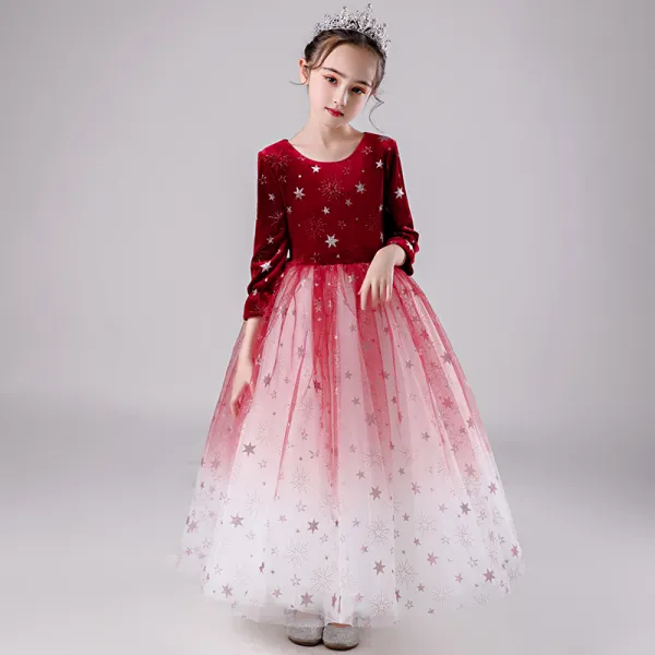 Elegant Red Gradient-Color Suede Winter Flower Girl Dresses 2020 Ball Gown Scoop Neck 3/4 Sleeve Glitter Star Floor-Length / Long Ruffle