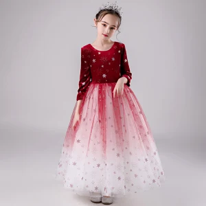Elegante Rot Farbverlauf Wildleder Winter Blumenmädchenkleider 2020 Ballkleid Rundhalsausschnitt 3 4 Ärmel Glanz Star Lange Rüschen