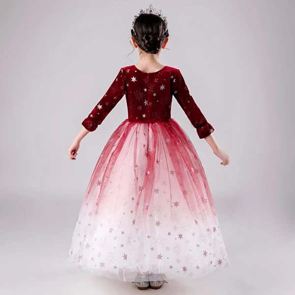 Elegant Red Gradient-Color Suede Winter Flower Girl Dresses 2020 Ball Gown Scoop Neck 3/4 Sleeve Glitter Star Floor-Length / Long Ruffle
