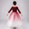 Elegantes Rojo Degradado De Color Suede Invierno Vestidos para niñas 2020 Ball Gown Scoop Escote 3/4 Ærmer Glitter Estrella Largos Ruffle