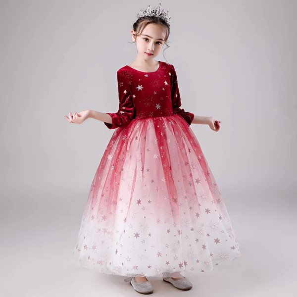 Elegant Red Gradient-Color Suede Winter Flower Girl Dresses 2020 Ball Gown Scoop Neck 3/4 Sleeve Glitter Star Floor-Length / Long Ruffle