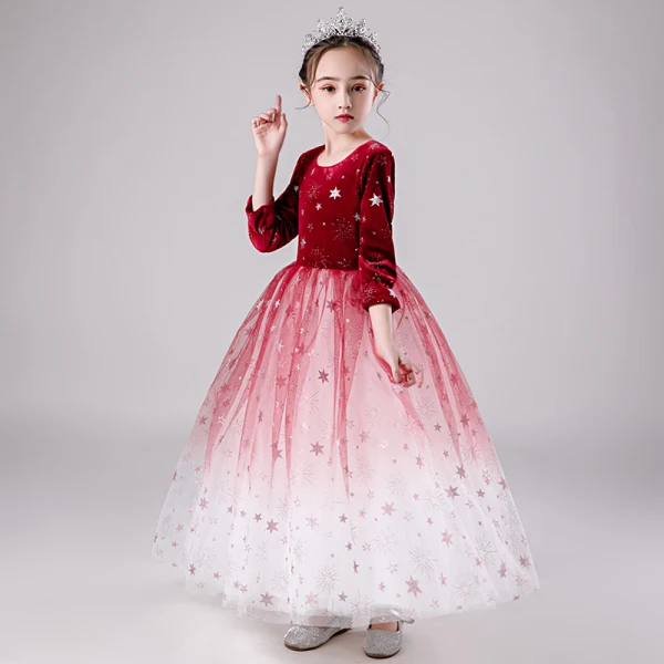 Elegant Red Gradient-Color Suede Winter Flower Girl Dresses 2020 Ball Gown Scoop Neck 3/4 Sleeve Glitter Star Floor-Length / Long Ruffle