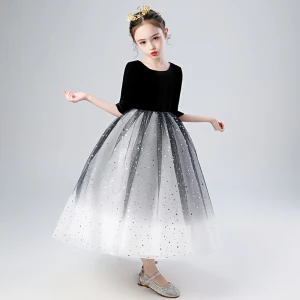 Élégant Noire Dégradé De Couleur Blanche Anniversaire Robe Ceremonie Fille 2020 Robe Boule Encolure Dégagée 1 2 Manches Étoile Paillettes Longueur Cheville Volants