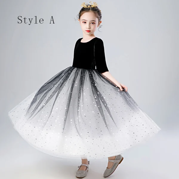 Elegant Black Gradient-Color White Birthday Flower Girl Dresses 2020 Ball Gown Scoop Neck 1/2 Sleeves Star Sequins Ankle Length Ruffle