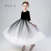 Elegant Black Gradient-Color White Birthday Flower Girl Dresses 2020 Ball Gown Scoop Neck 1/2 Sleeves Star Sequins Ankle Length Ruffle