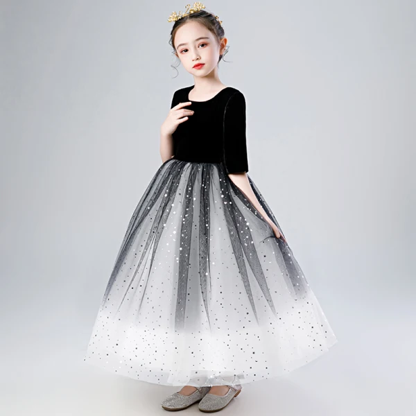 Elegant Black Gradient-Color White Birthday Flower Girl Dresses 2020 Ball Gown Scoop Neck 1/2 Sleeves Star Sequins Ankle Length Ruffle