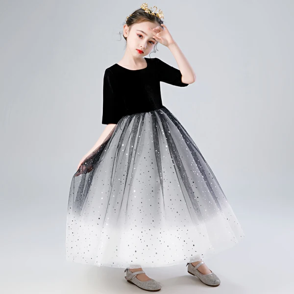Elegant Black Gradient-Color White Birthday Flower Girl Dresses 2020 Ball Gown Scoop Neck 1/2 Sleeves Star Sequins Ankle Length Ruffle
