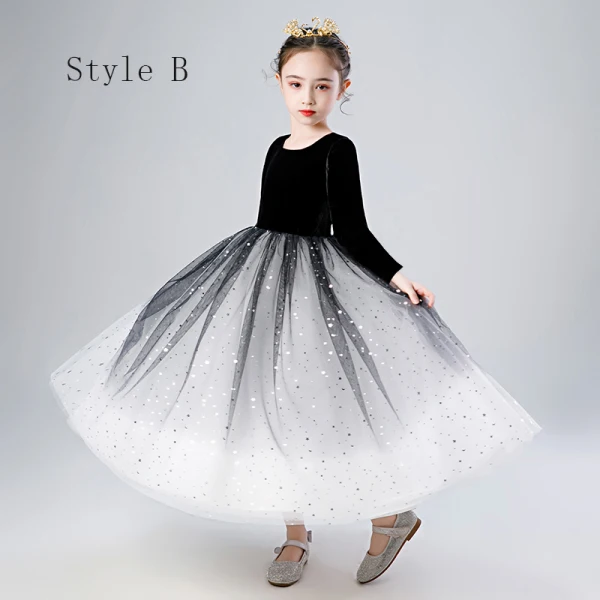 Elegant Black Gradient-Color White Birthday Flower Girl Dresses 2020 Ball Gown Scoop Neck 1/2 Sleeves Star Sequins Ankle Length Ruffle