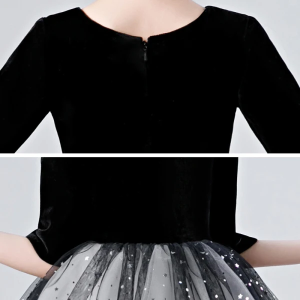 Elegant Black Gradient-Color White Birthday Flower Girl Dresses 2020 Ball Gown Scoop Neck 1/2 Sleeves Star Sequins Ankle Length Ruffle