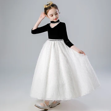 Vintage Originale Noire Blanche Robe Ceremonie Fille 2020 Princesse Col Haut 3 4 Manches Appliques En Dentelle Faux Diamant Ceinture Longue Volants