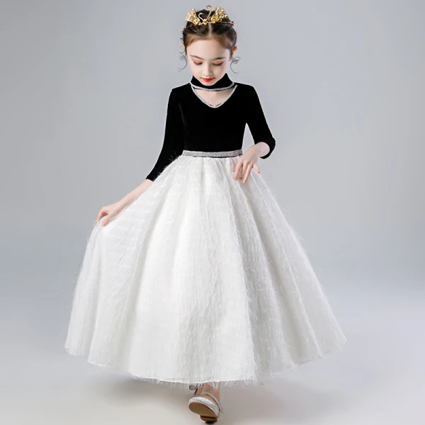 Vintage / Retro Black White Flower Girl Dresses 2020 A-Line / Princess High Neck 3/4 Sleeve Appliques Lace Rhinestone Sash Floor-Length / Long Ruffle