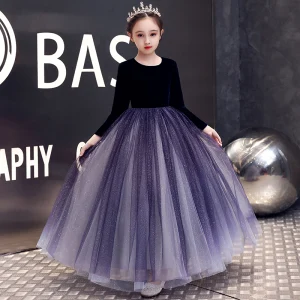 Élégant Violet Velour Hiver Anniversaire Robe Ceremonie Fille 2020 Princesse Encolure Dégagée Manches Longues Glitter Tulle Longue Volants