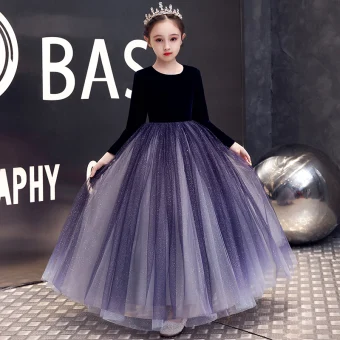 Elegant Purple Velour Winter Birthday Flower Girl Dresses 2020 A Line Princess Scoop Neck Long Sleeve Glitter Tulle Floor Length Long Ruffle