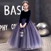 Elegant Purple Velour Winter Birthday Flower Girl Dresses 2020 A-Line / Princess Scoop Neck Long Sleeve Glitter Tulle Floor-Length / Long Ruffle