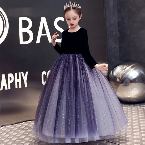 Élégant Violet Velour Hiver Anniversaire Robe Ceremonie Fille 2020 Princesse Encolure Dégagée Manches Longues Glitter Tulle Longue Volants