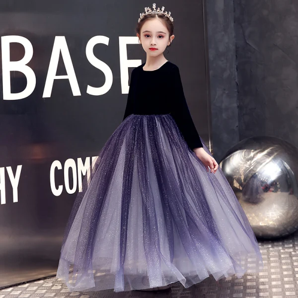Élégant Violet Velour Hiver Anniversaire Robe Ceremonie Fille 2020 Princesse Encolure Dégagée Manches Longues Glitter Tulle Longue Volants