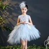 Fashion White See-through Birthday Flower Girl Dresses 2020 Ball Gown Scoop Neck Sleeveless Beading Asymmetrical Cascading Ruffles
