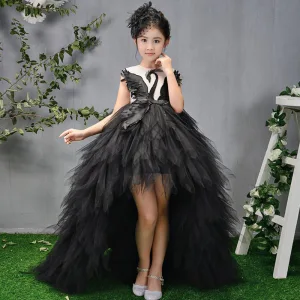 High Low Black See Through Birthday Flower Girl Dresses 2020 Ball Gown Scoop Neck Sleeveless Asymmetrical Cascading Ruffles