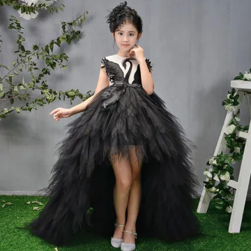 High Low Black See Through Birthday Flower Girl Dresses 2020 Ball Gown Scoop Neck Sleeveless Asymmetrical Cascading Ruffles