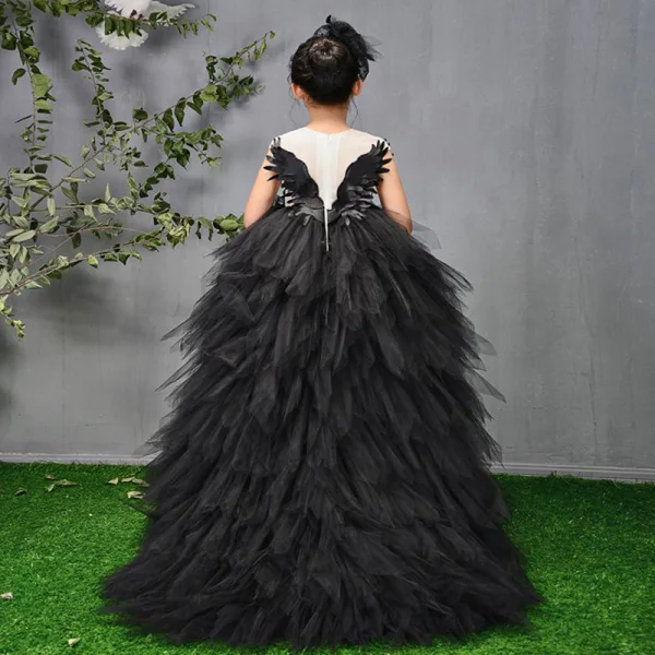 High Low Black See-through Birthday Flower Girl Dresses 2020 Ball Gown Scoop Neck Sleeveless Asymmetrical Cascading Ruffles