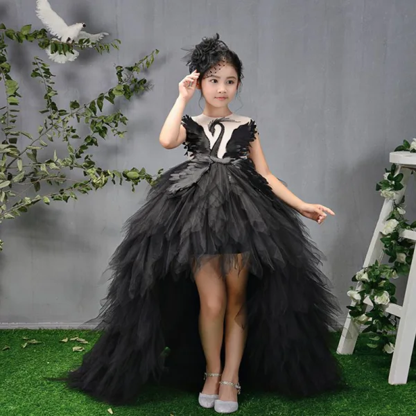 High Low Black See-through Birthday Flower Girl Dresses 2020 Ball Gown Scoop Neck Sleeveless Asymmetrical Cascading Ruffles