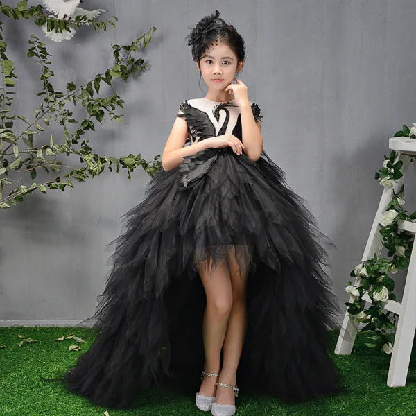 High Low Black See-through Birthday Flower Girl Dresses 2020 Ball Gown Scoop Neck Sleeveless Asymmetrical Cascading Ruffles
