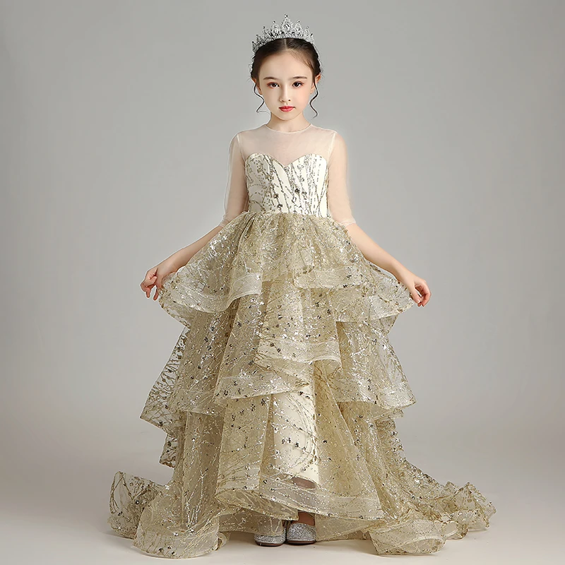 Sparkly Gold Birthday Flower Girl Dresses 2020 Ball Gown See-Through Scoop Neck 1/2 Sparkly Gold Birthday Flower Girl Dresses 2020 Ball Gown See-Through Scoop Neck 1/2