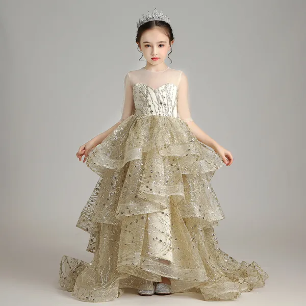 Sparkly Gold Birthday Flower Girl Dresses 2020 Ball Gown See-through Scoop Neck 1/2 Sleeves Appliques Sequins Sweep Train Cascading Ruffles