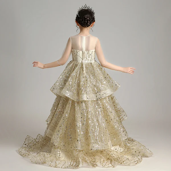 Glitzernden Gold Geburtstag Blumenmädchenkleider 2020 Ballkleid Durchsichtige Rundhalsausschnitt 1/2 Ärmel Applikationen Pailletten Sweep / Pinsel Zug Fallende Rüsche