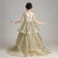 Glitzernden Gold Geburtstag Blumenmädchenkleider 2020 Ballkleid Durchsichtige Rundhalsausschnitt 1/2 Ärmel Applikationen Pailletten Sweep / Pinsel Zug Fallende Rüsche